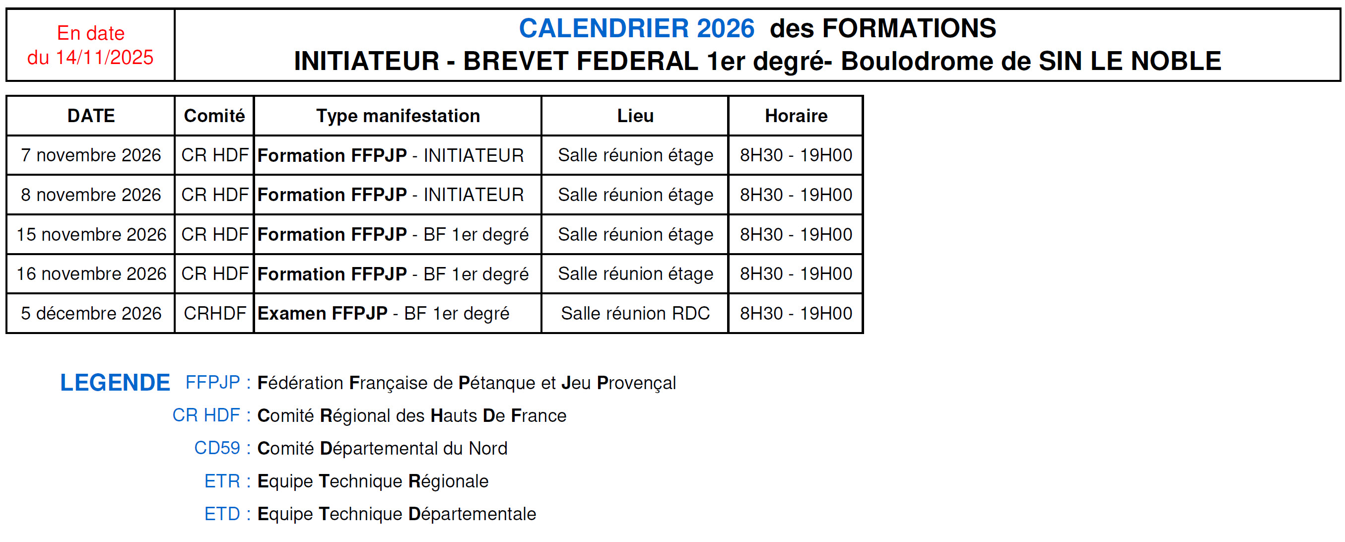 Calendrier CR HDF 2025